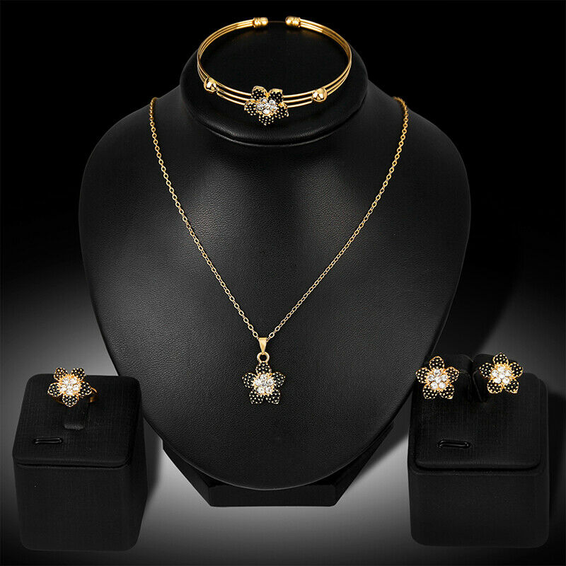 4PCS Black Peach Blossom Necklace Earrings Ring Bracelet Jewelry Sets Wed.l8