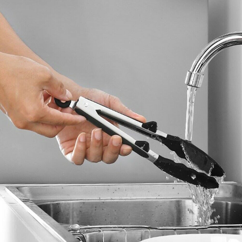 2Pcs Stainless Steel Kitchen Cooking Tongs Bread Tongs Silicone BBQ Clips Tongs