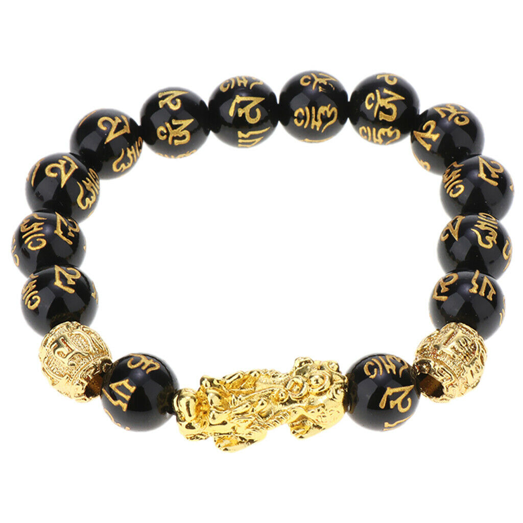 2Pcs 10mm 12mm Beads Golden PI xiu Bracelet Six Words of Truth Bead Obsidian