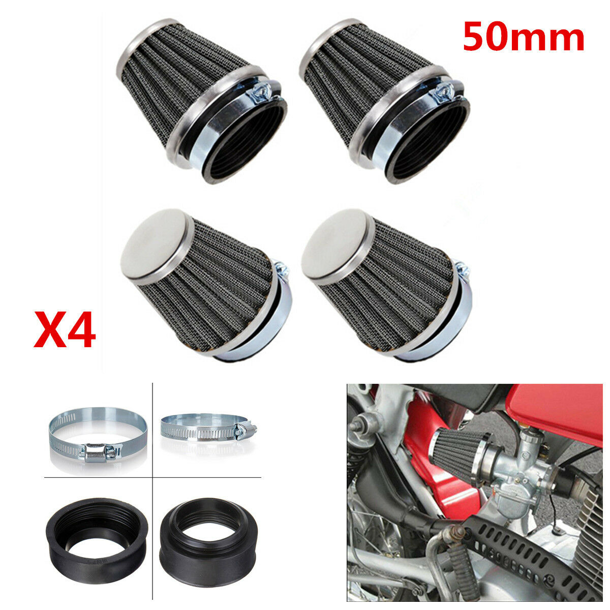 4x 50mm Inlet Cold Air Intake Tapered Air Filters Cleaner for Motorcycles Racer