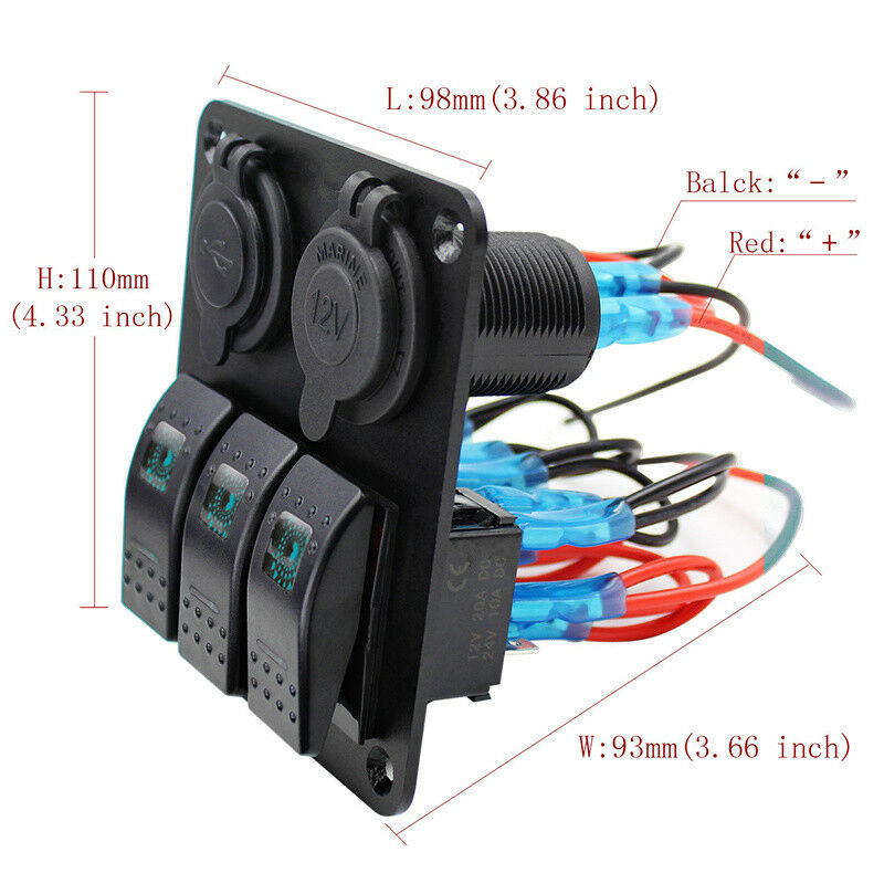 3 Gang LED Rocker Switch Panel Circuit Breaker Dual USB For RV Car Marine Boat