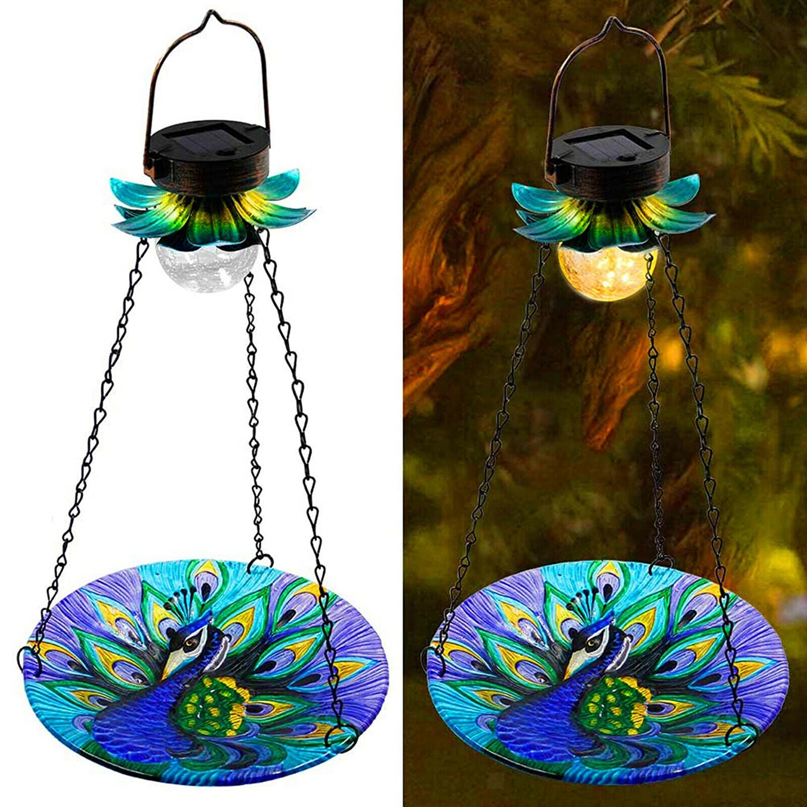 Outside Hanging Solar Bird Feeder Metal Flower Decorative Landscape Lighting