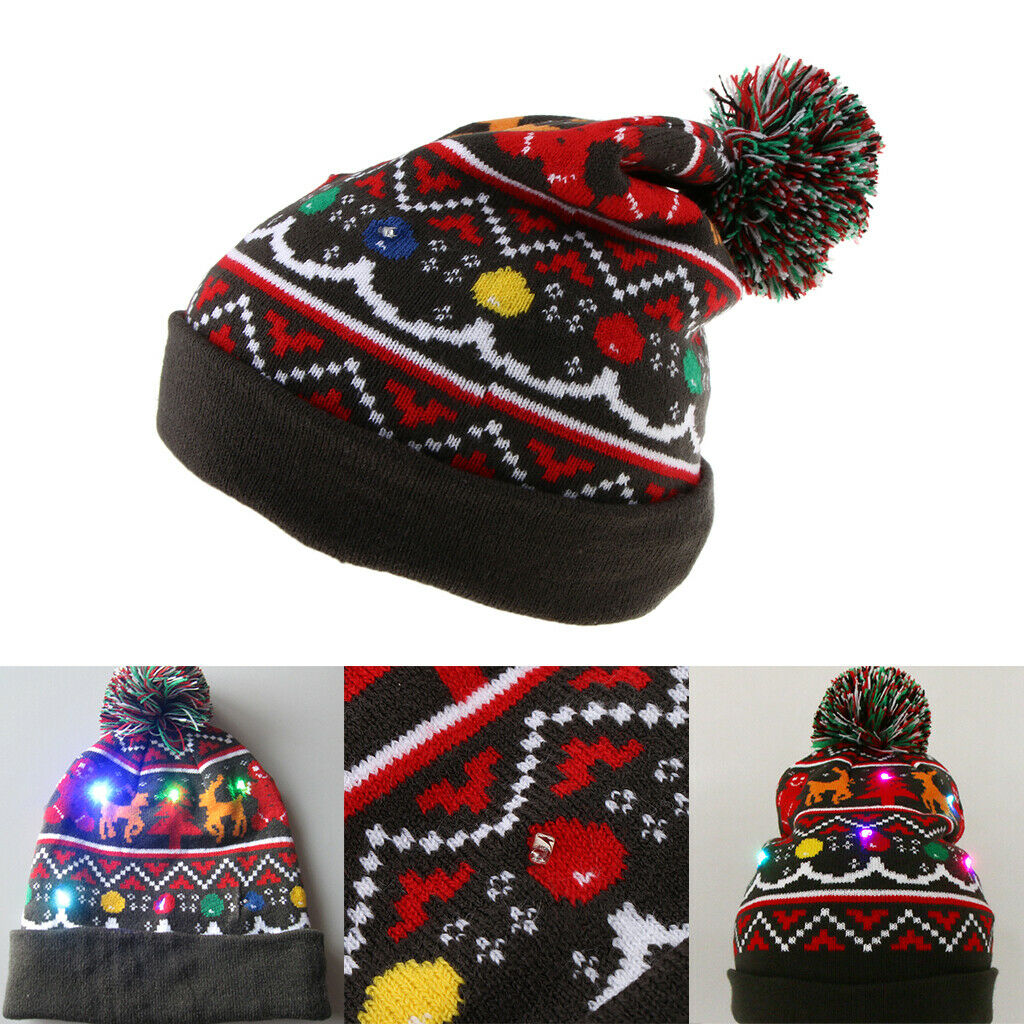 Light up Knitted Ugly Sweater Holiday Christmas Beanie gray elk