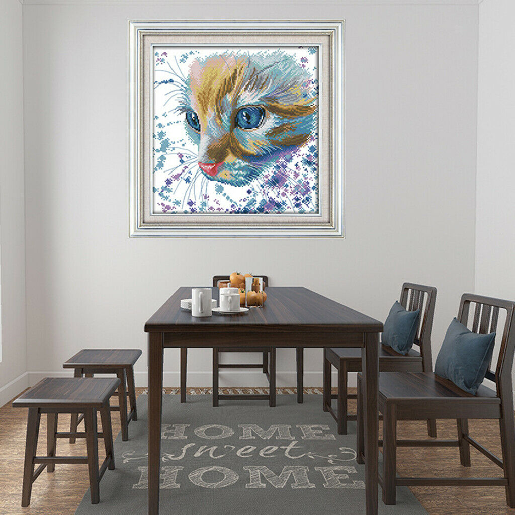 Watercolor Cat Pattern Stamped Cross Stitch Kit DIY Needlework 14CT 32x32cm
