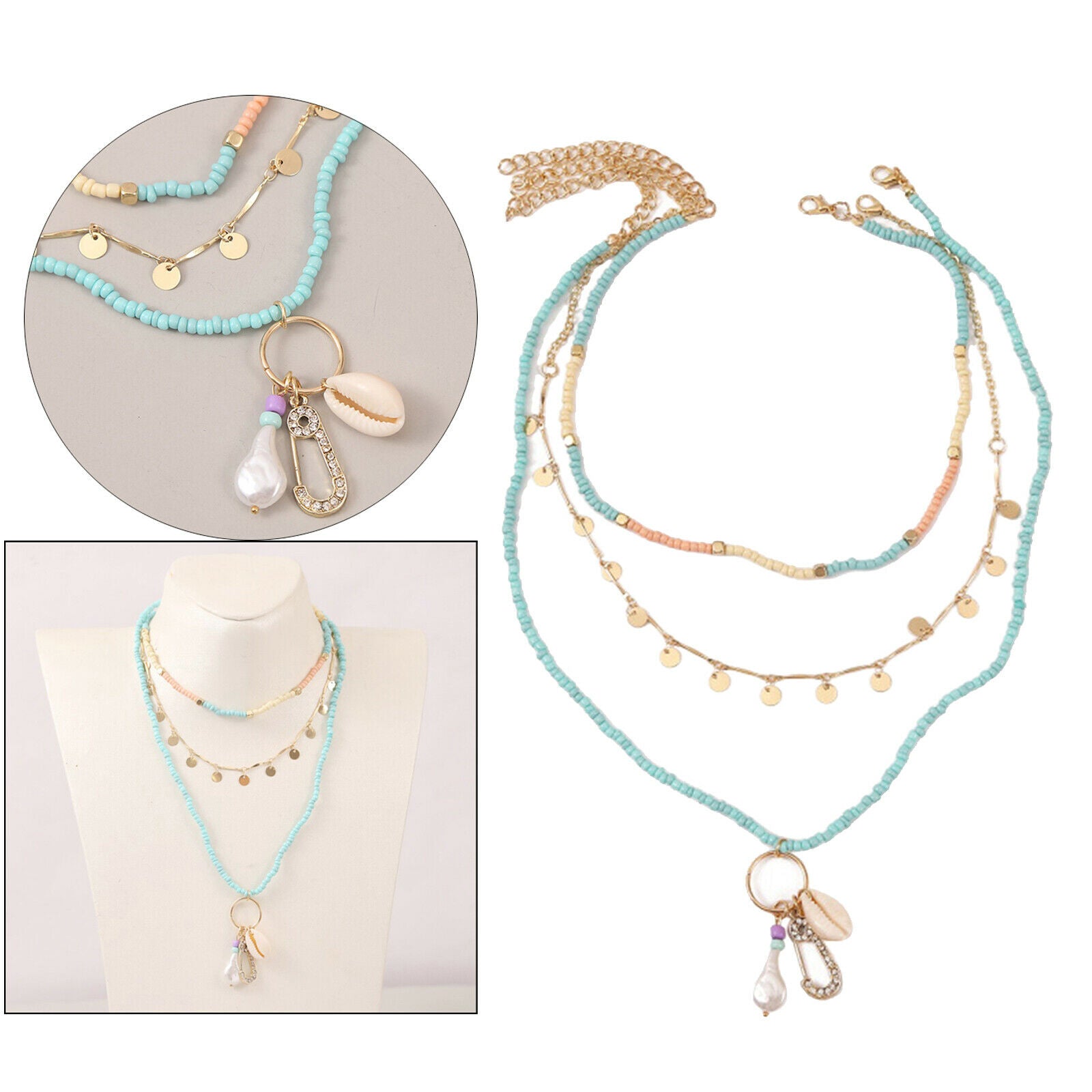 3pcs Womens Charm Trendy Beads Shell Necklace Beach Choker Fashion Accessory
