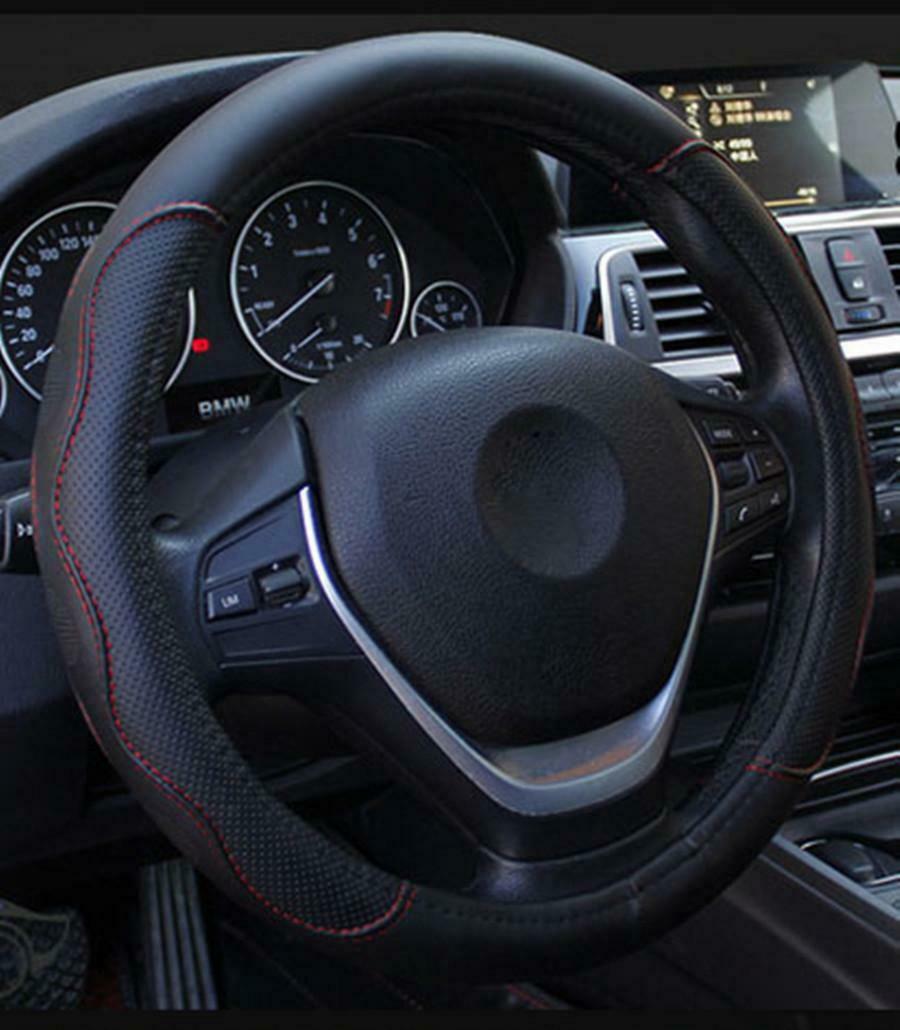 Black & Red PU Leather Car Steering Wheel Cover 38CM 15"/37 Universal Good Grip