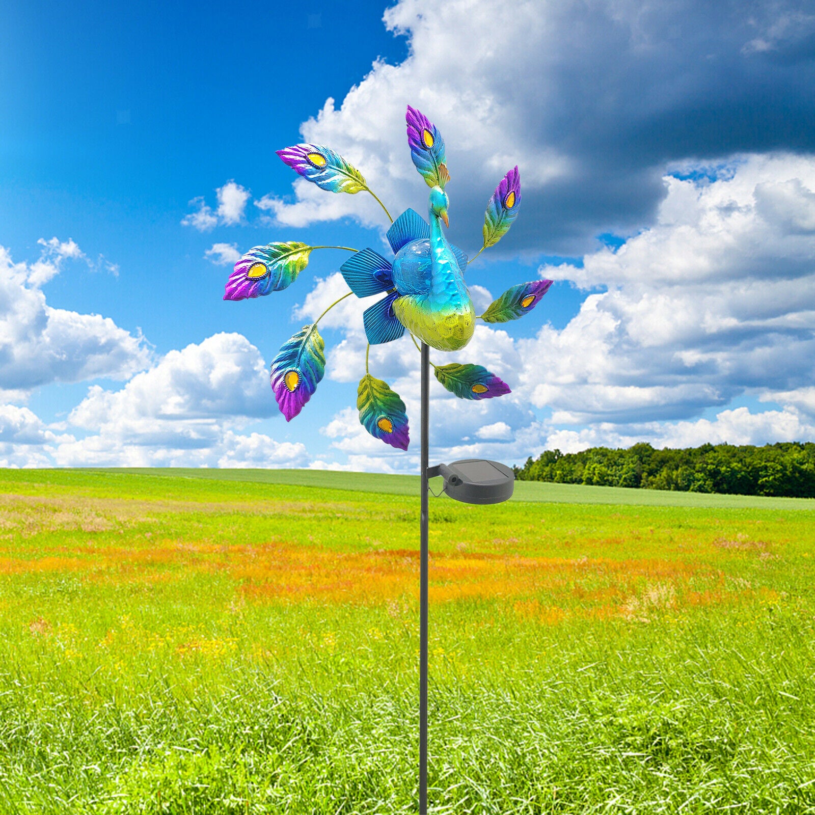 Metal Solar Wind Spinner Peacock Sculpture for Outdoor Yard Garden Patio