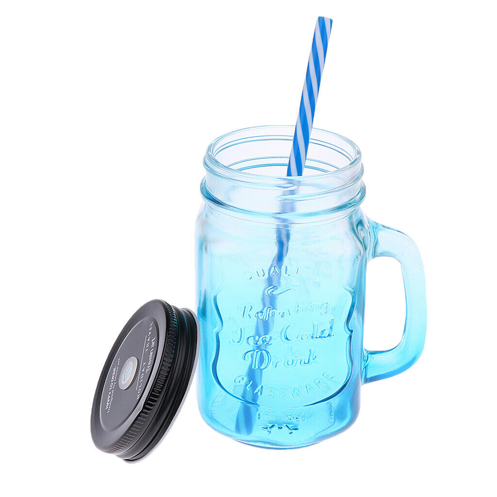 2Pcs/Set Retro Gradient Color Jars Mugs Glass w/ Handles Lids & Straws Gifts
