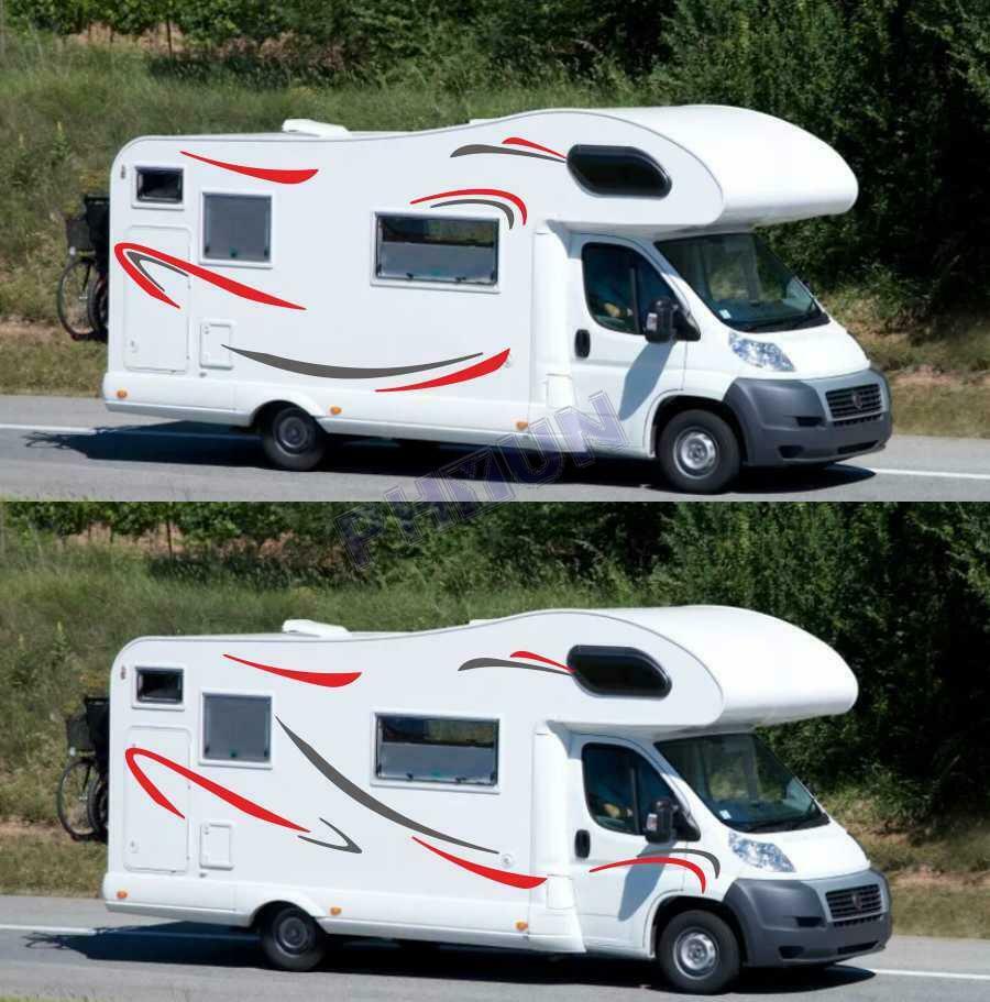2x Car Red & Grey Stripes Decals Stickers For Caravan Travel Camper Van RV BUS