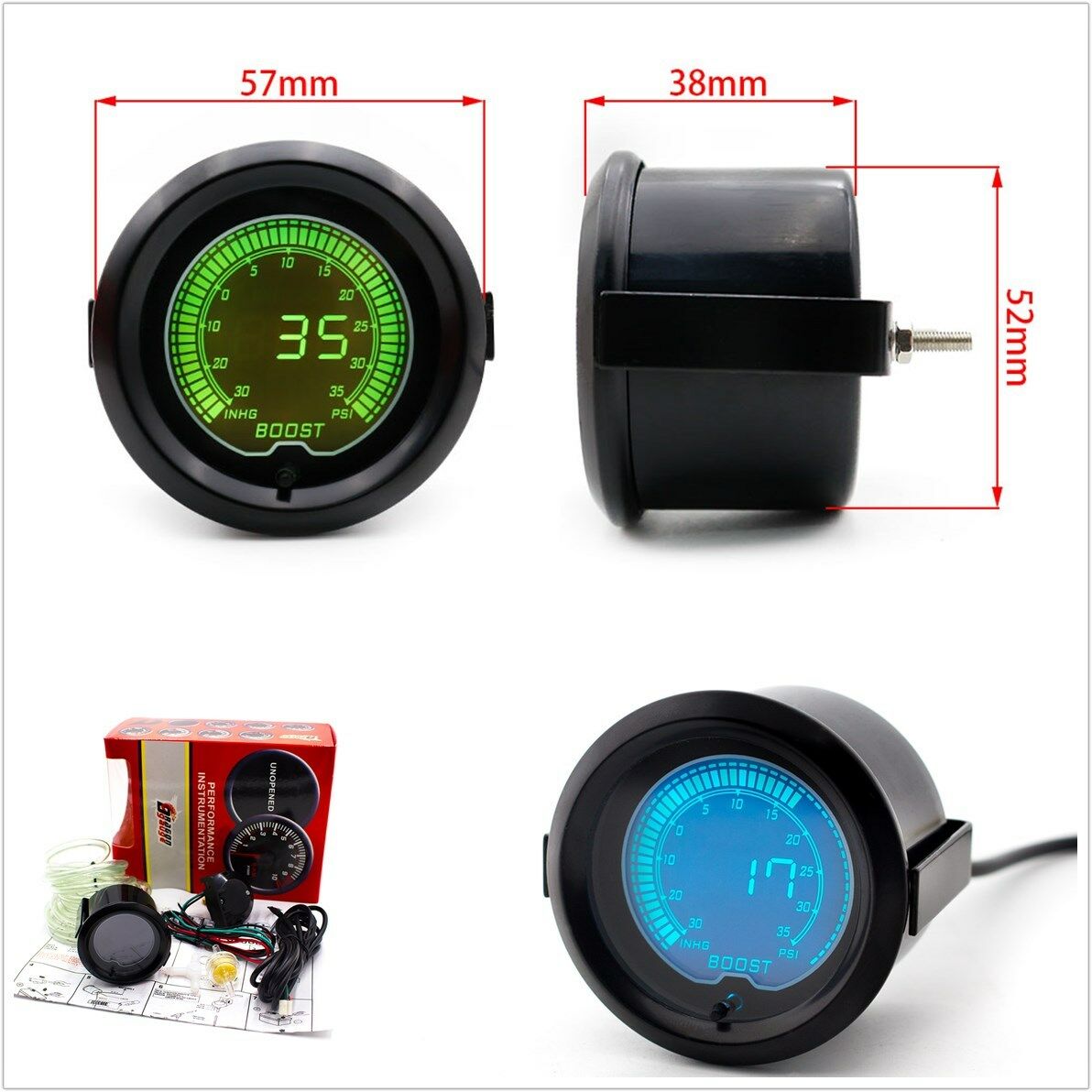 52mm 7 Color LED Digital Turbo Boost Vacuum Pressure Gauge Meter Auto Car Truck