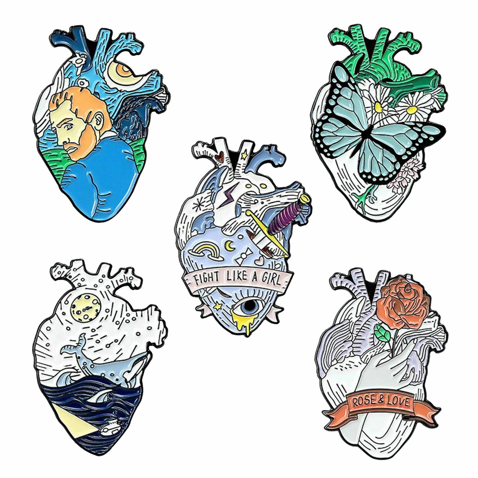 Pack of 5 Organ Heart Enamel Pins Brooch Badge for Bag Clothes Jewelry Gift