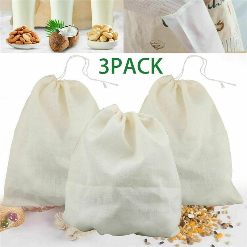 3x Organic Cotton Nut Milk Bag Reusable Food Strainer Brew Coffee Cheese Cloth !