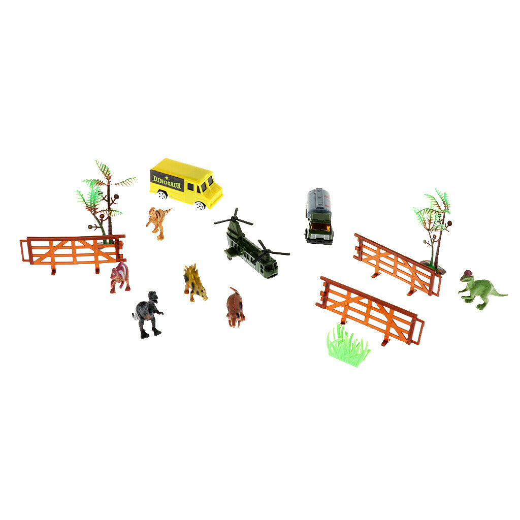Pack of 16 Dinosaur Truck Carrier with Dinosaur Figures, Cars, Airplane and