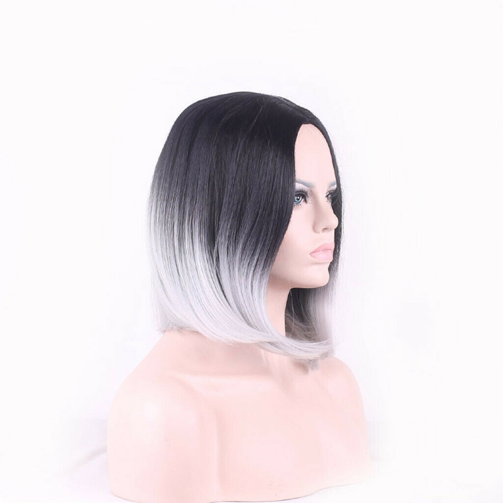 Ladies Straight Synthetic Wig Ombre Color Black Mixed Grey Fiber Wig 40