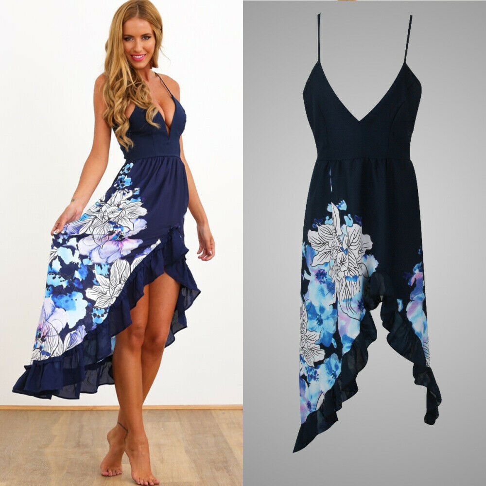 newWomen Sexy Strappy Plunge V-neck Irregular Hem Evening Party Dress Clubwear M