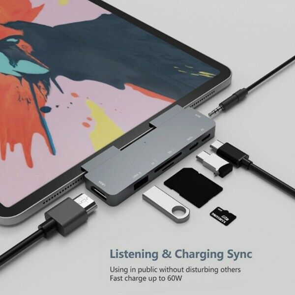 USB C Hub for iPad Pro 2018 Type-C to 4K MI Adapter SD/TF Card Reader 3.5mm HeY1