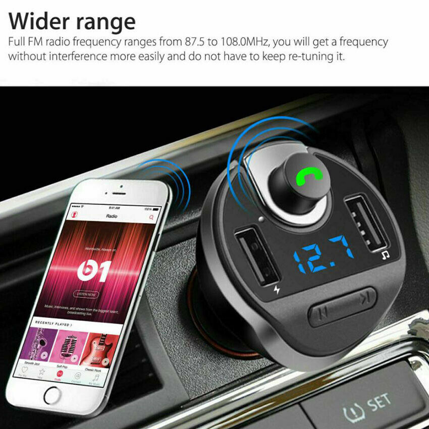 Wireless In-Car Bluetooth FM Transmitter MP3 Radio Adapter Fast 2USB Charger