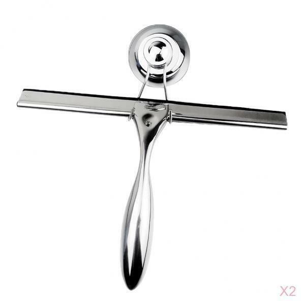 2x Stainless Steel Shower Squeegees with Suction Base Holder for Home Mirror