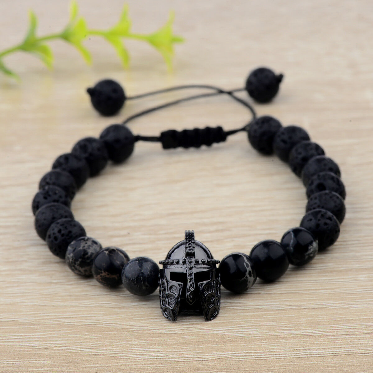 Men Charm Black Spartan Helmet Beaded Natural Stone Adjustable Macrame Bracelets