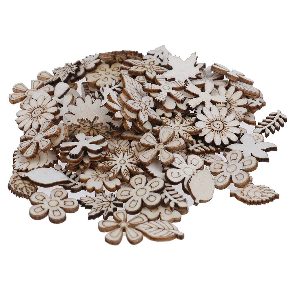 100pcs Wood Flowers and leaves Embellishment Wooden Shape Craft Wedding DecoY SJ