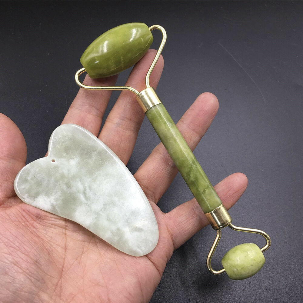 Face Facial Roller Massager + Gua Sha Board Set 100% Natural Jade Stone Crystal