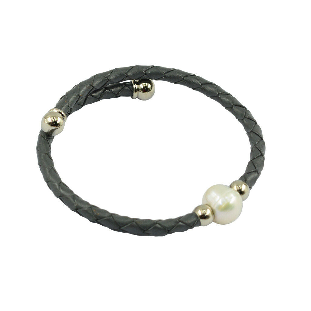 Handmade Leather Braide Rope Fresh Water Peal Wrap Bangle Bracelet Dark Grey