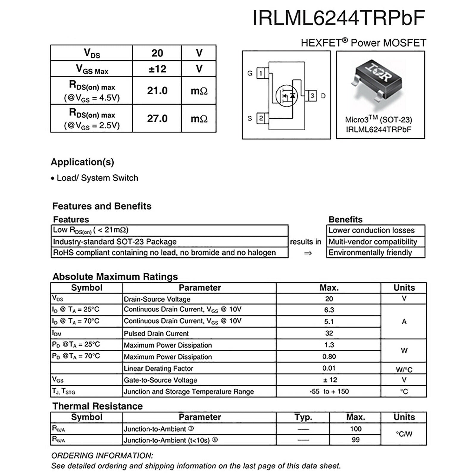 10Pcs IRLML6244TRPBF Transistor SOT-23 N-Channel 20V/6.3A SMD Power MOSFET