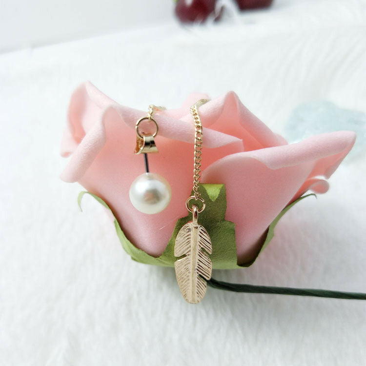 Korean Style Simulated Pearls Long Tassel Leaf Feather Dangle Earrings Jewelry