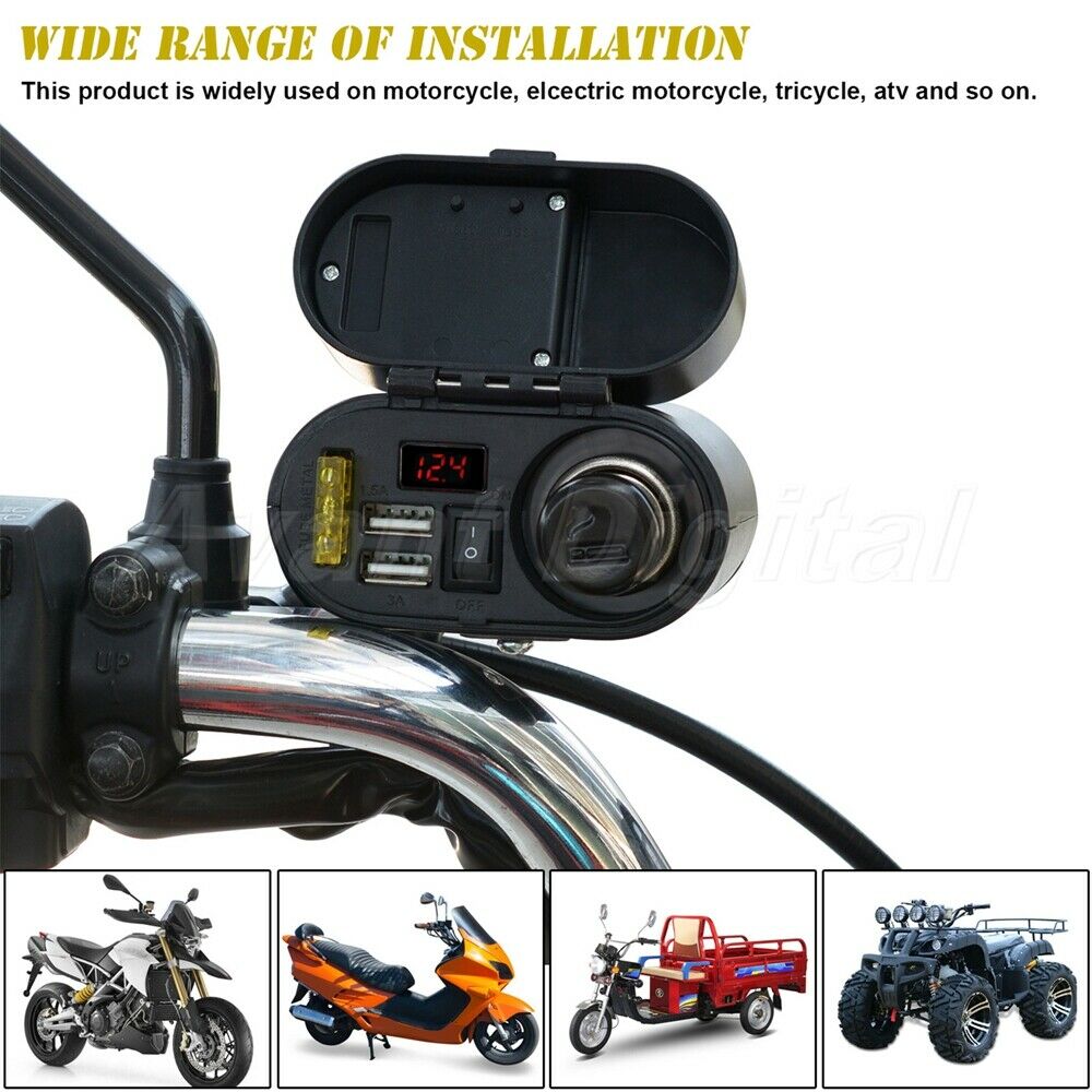 Motorcycle Cigarette Lighter Dual USB Charger Voltmeter Digital Clock Waterproof