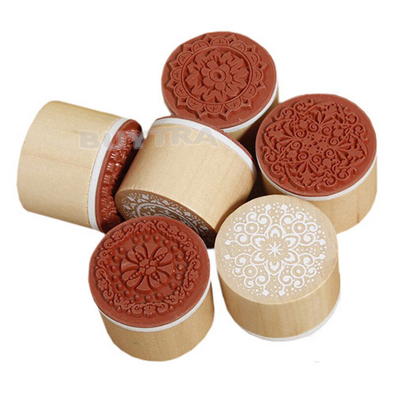 6X Assorted Wooden Rubber Stamp Round Shape Handwriting Floral Flower Cra C SJ