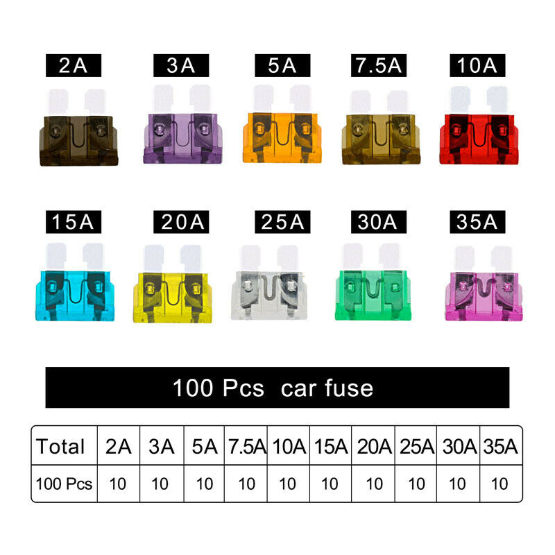 100Pcs Car Blade Fuse Assortment Kit Blade Set Automotive Truck with Box 2A-35A