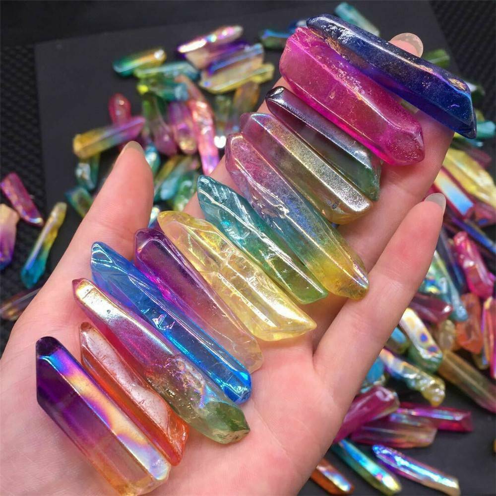 Lot Large Titanium Rainbow Aura Lemurian Quartz Crystal Point Healing 100g UK