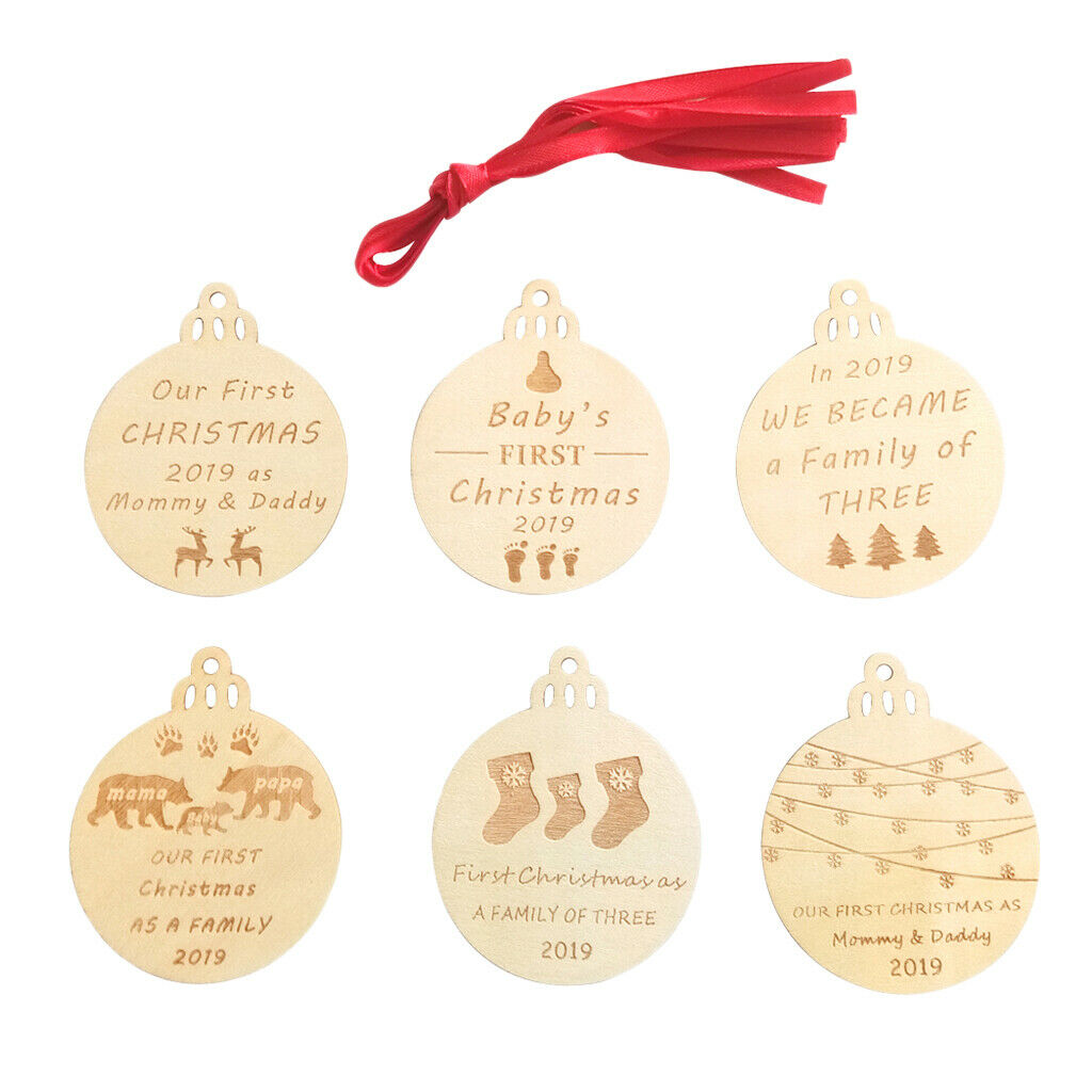 6Pc Wood Christmas Bulb Shaped Wood Pieces Ornaments Hanging Xmas Tree Decor