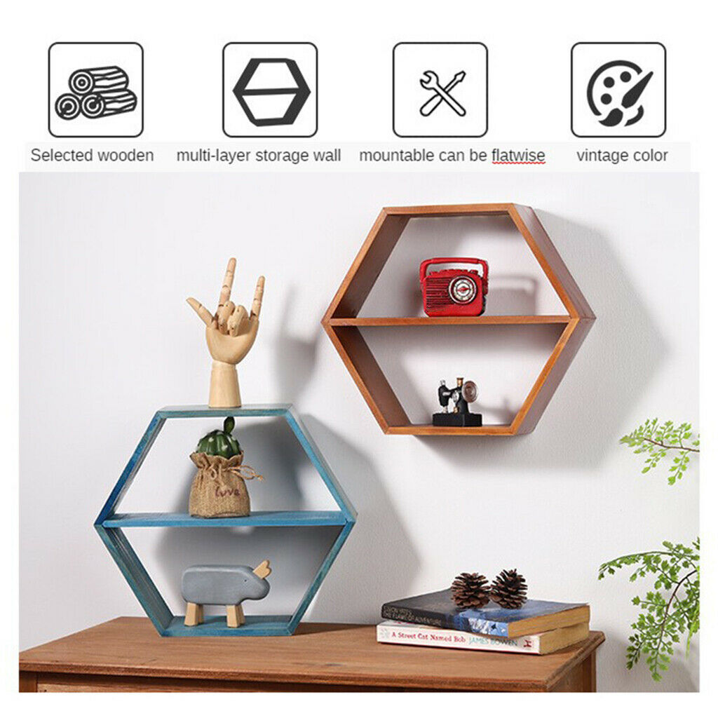 Wall Mounted Floating Shelf Picture Display Organizer Hexagon Bedroom Blue