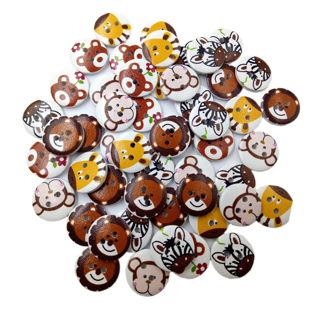 50Pcs Mixed Animal Wooden Buttons Round 2-Holes For Sewing Scrapbooking DIY