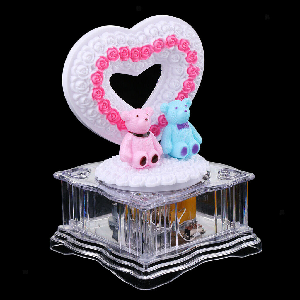 Collect Couple Bear Music Box Rotating LED Lighting Wind Up White Heart Gift