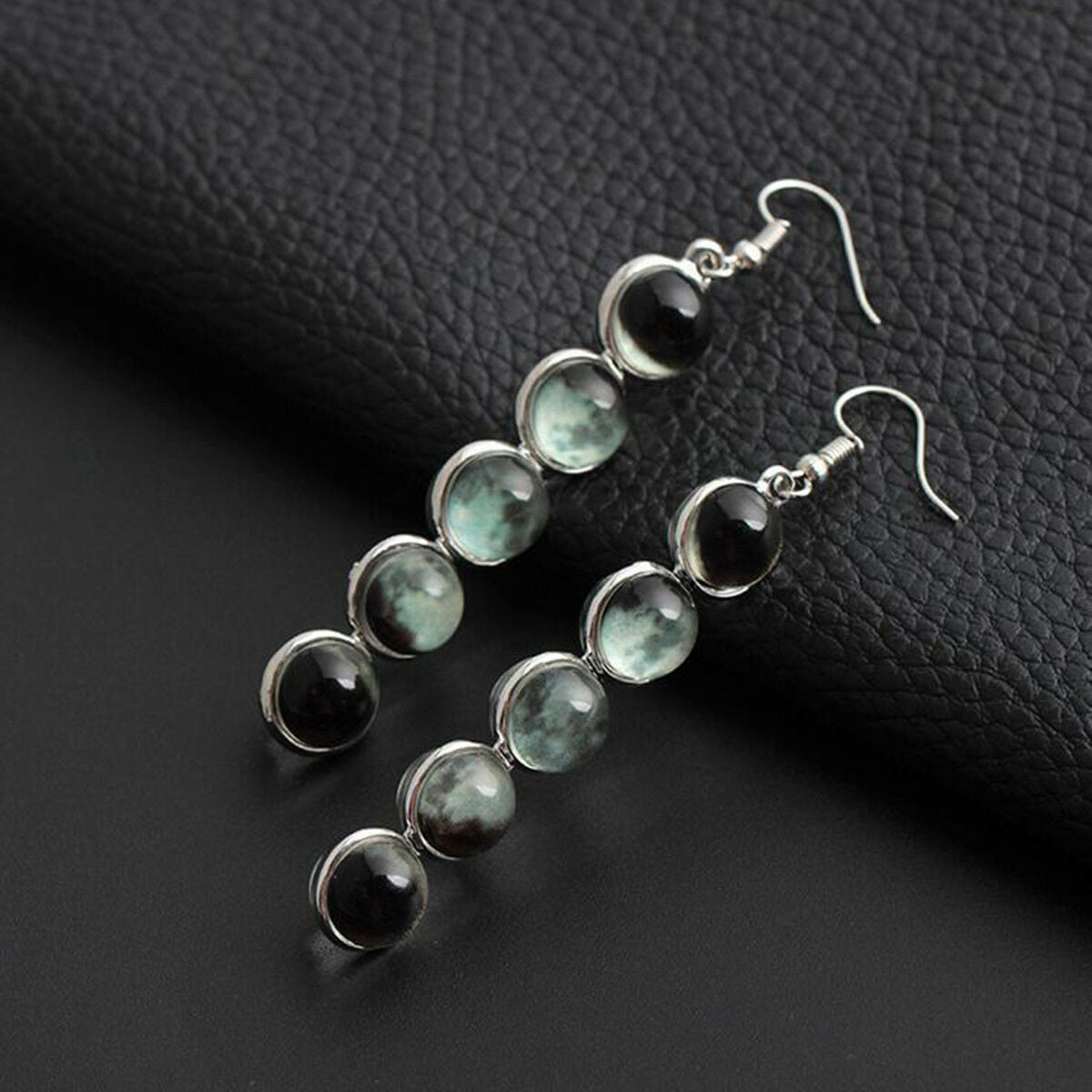 Ethnic Glow In the Dark Glass Dome Moon Phase Earrings Moonstone Dangle Earrings