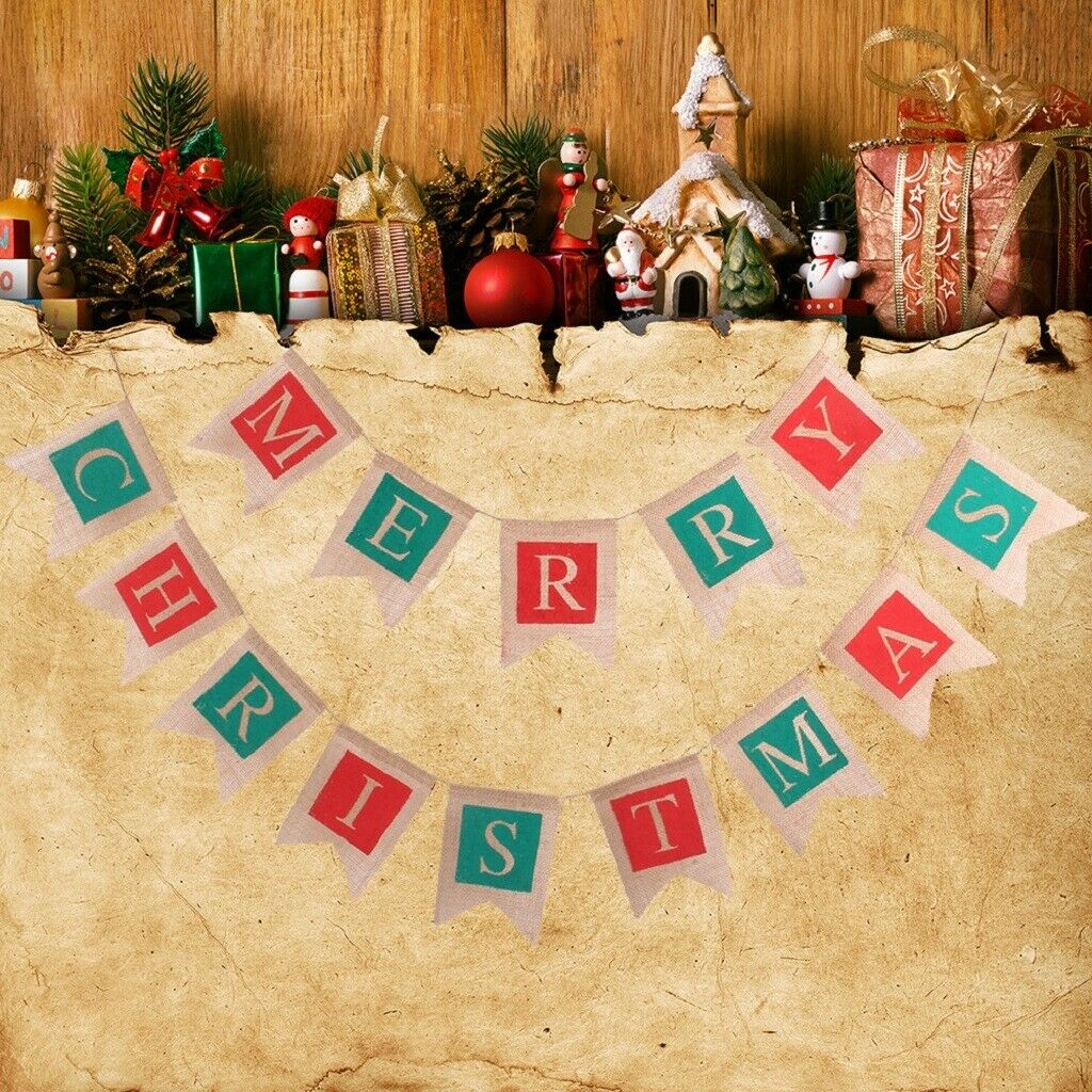 Merry Christmas Burlap Bunting Banner Garland Sign for Christmas Party Decor