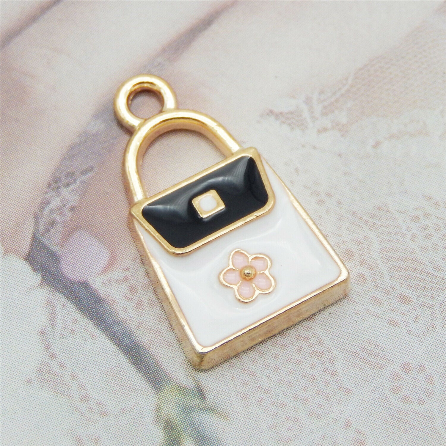 20PCS Colorful Enamel White Handbag with Plum Flower Pendant Charms DIY Findings