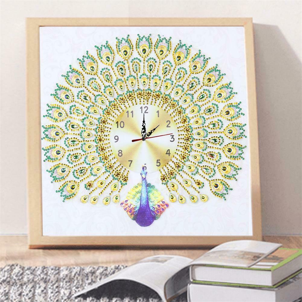 DIY Peafowl Special Shaped Diamond Painting Embroidery Clock Home Decor @