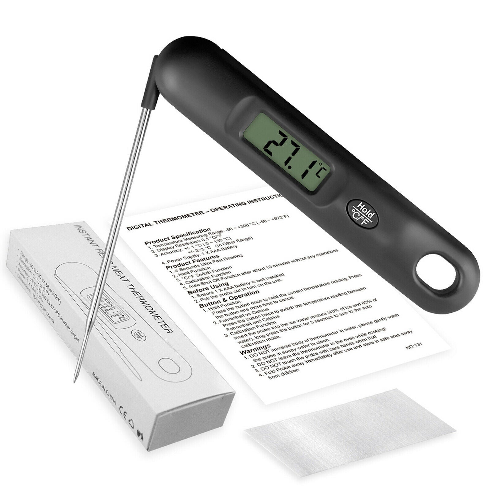 Thermometer Digital Temperature Food Probe Instant Read LCD Display Black