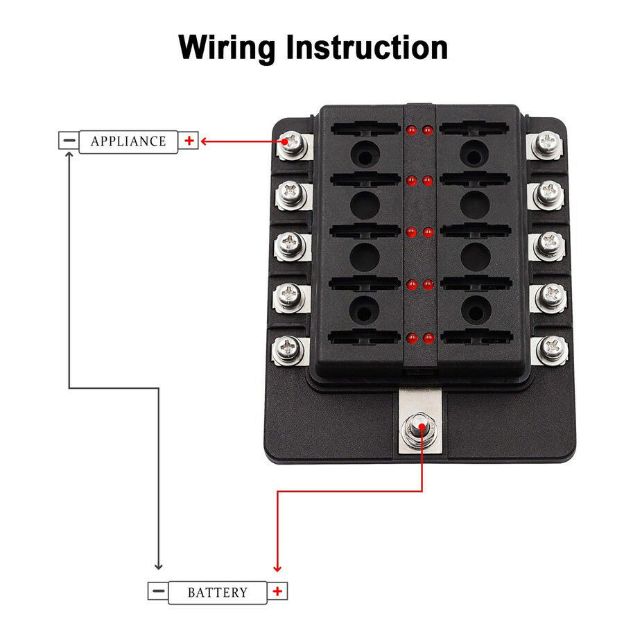 10-Way Blade Fuse Box Block Holder LED Indicator w/ Fuses For Car Truck Marine