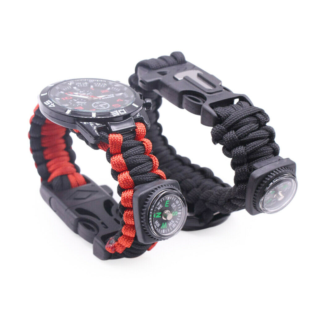 Survival Watch Bracelet Paracord Compass Flint Fire Starter Whistle Outdoor RK B