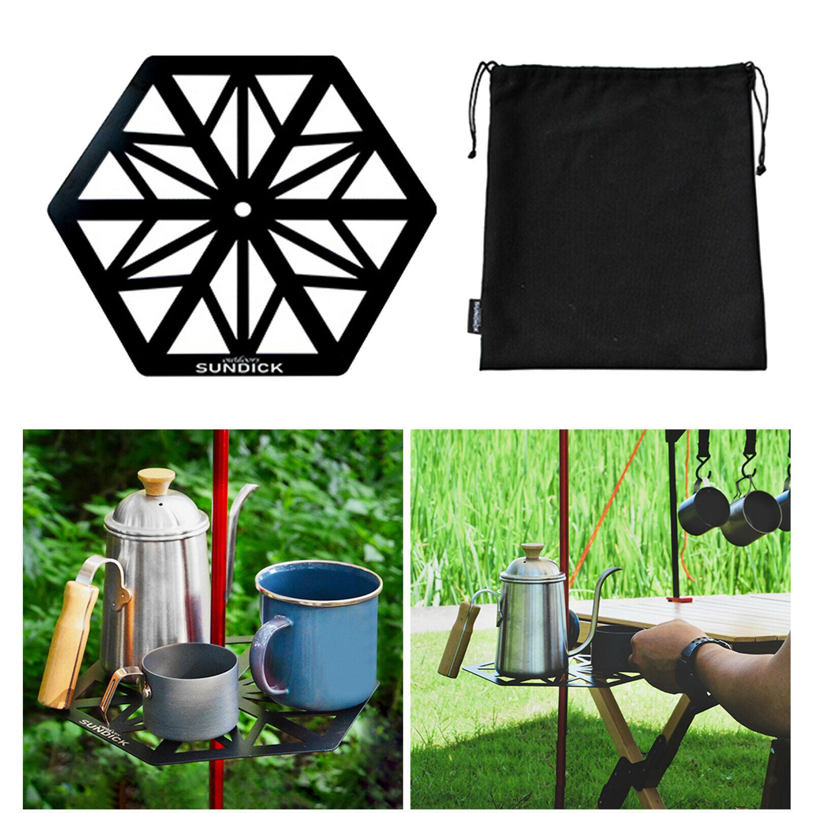 Camping Lantern Stand Lamp Camping Light Pole Shelf Stainless Steel Black