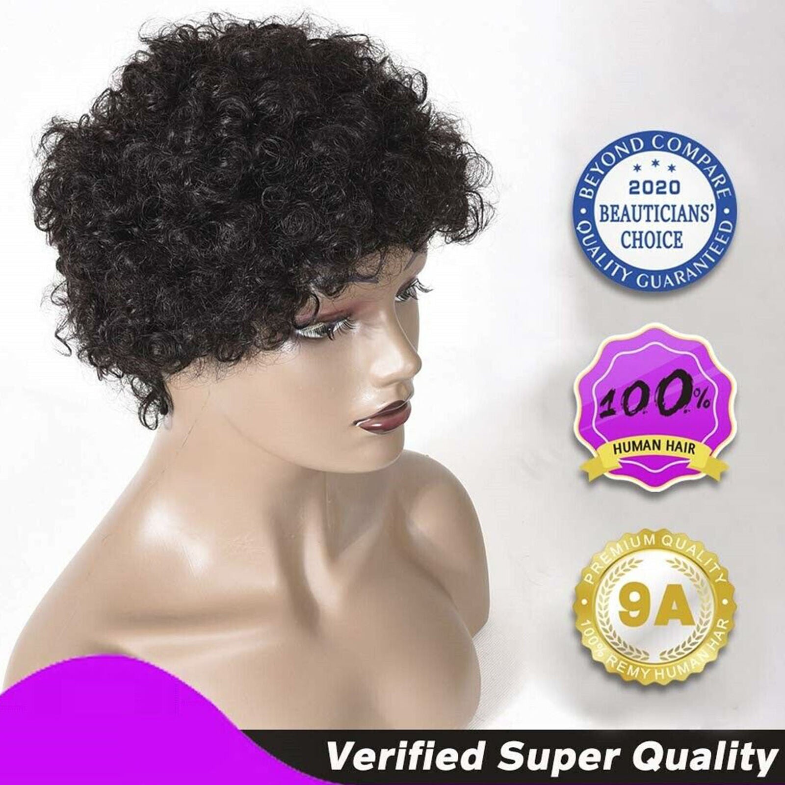 Women's Short Curly Wig w/Bangs Pixie Cut 150% Density Black Synthetic Hair