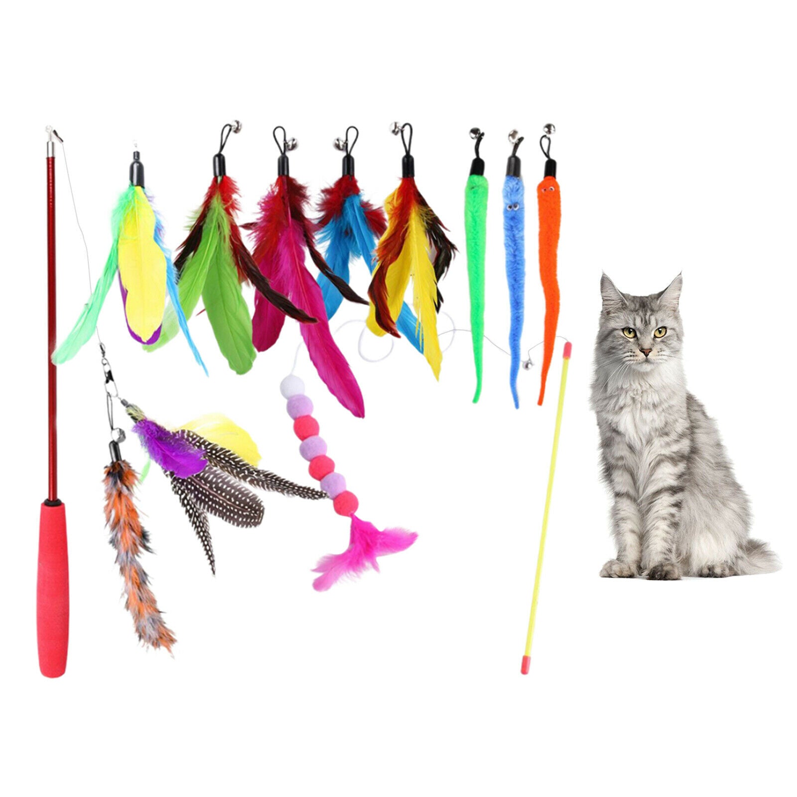 Set of 10pcs Cats Feather Interactive Teaser Retractable Wand Toys Exercise