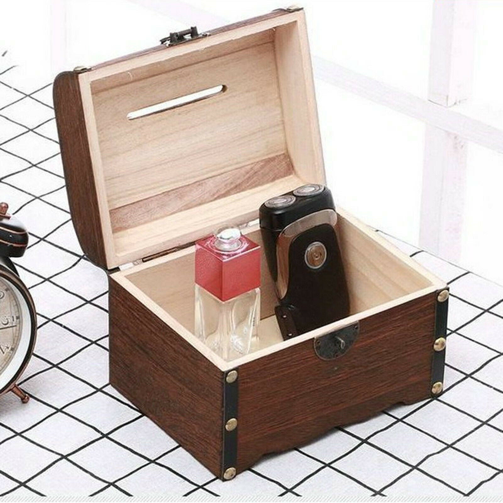 Wooden Treasure Chest Retro Coin Hobby Storage Box Desk Case Piggy Bank