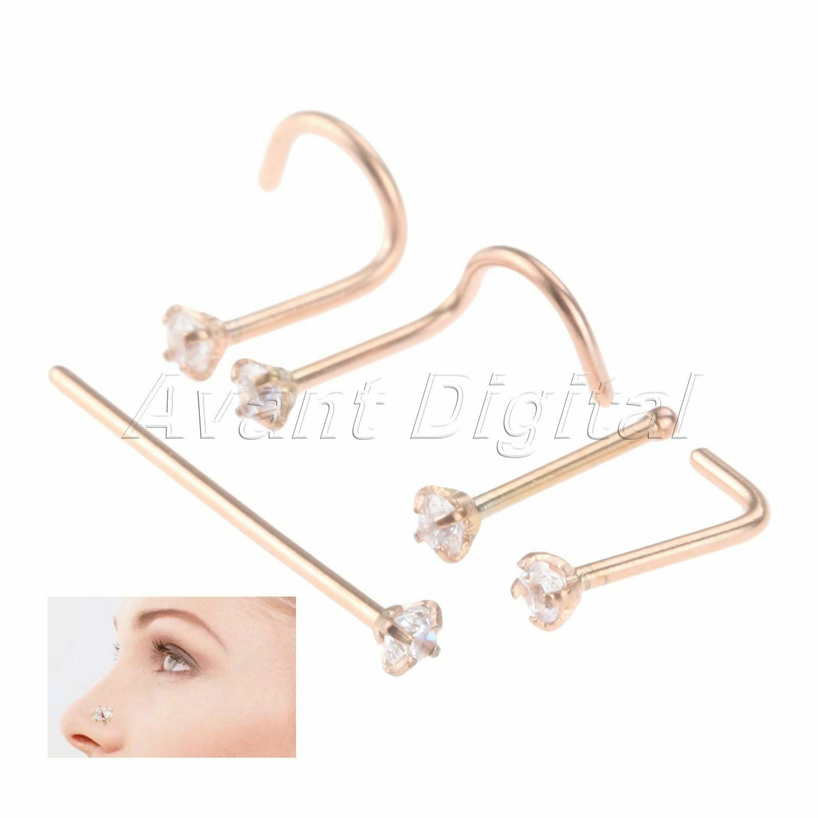 Multifunctional Nose Ring Stud Screw for Men Women Diamond Piercing Rosegold 5pc