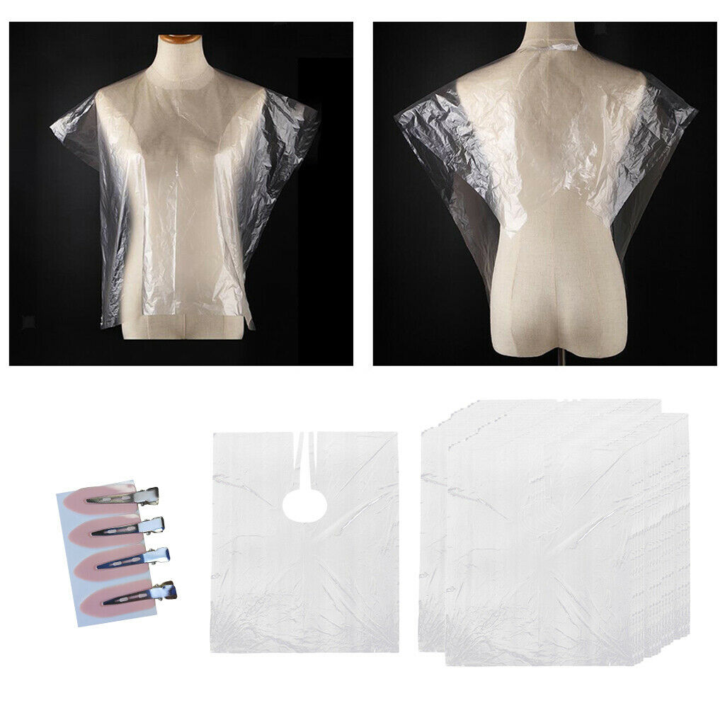 100Pcs Disposable Hair Cutting Cape Transparent Gown with 4pcs No Bend Clips