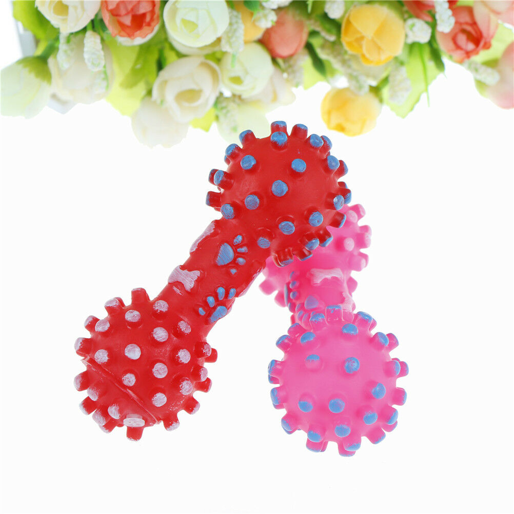 Dotted Dumbbell Shaped Dog Toys Squeeze Squeaky Faux Bone Pet Chew To.l8
